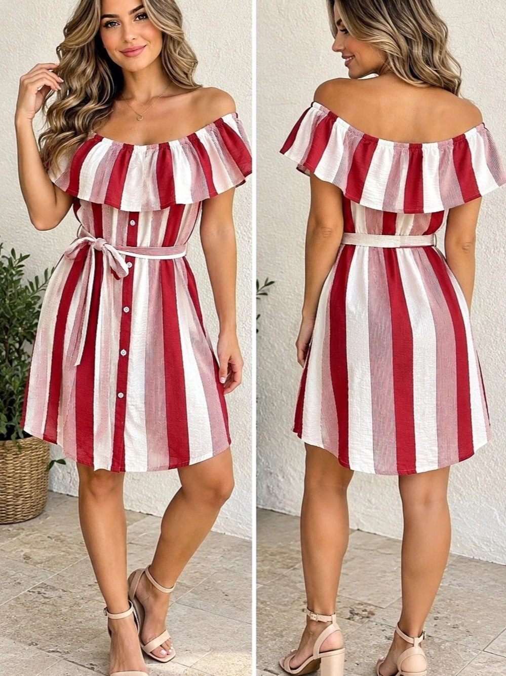 Lea & Cup Striped Off-Shoulder Mini Dress in Red & White Size Large